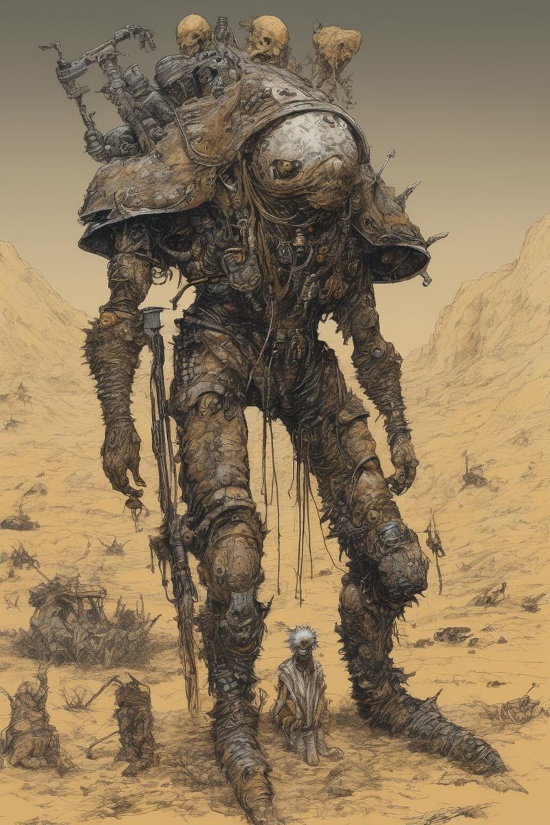 00199-388226863-John Blanche Style - a creature from Dune, post apocalyptic, punk, in a wasteland, in the style of Katsuya Terada.png